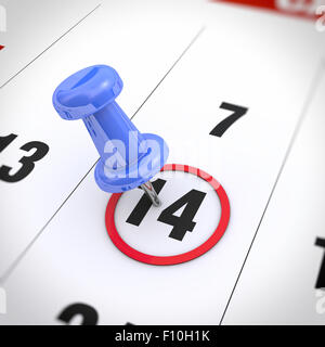 Calendrier et pousser l'axe bleu. Marque sur le calendrier en 14. Banque D'Images