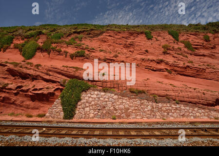 Falaises de grès rouge à côté de la ligne de chemin de fer côtière. Banque D'Images