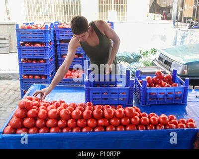 Vendeur de tomates à Kusadasi, Turquie Banque D'Images