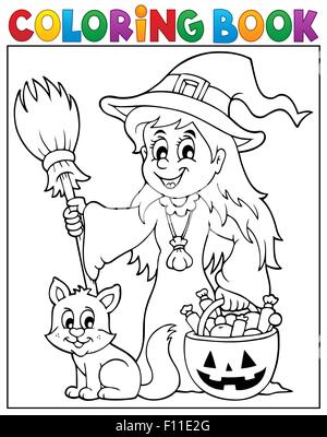 Livre de coloriage cute sorcière et chat - photo illustration. Banque D'Images