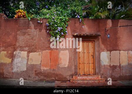 Porte en bois rustique situé dans un mur d'un jardin tropical à Santa Clara Cuba Banque D'Images