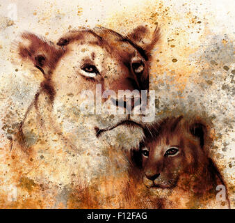 Mère Lion et Lion cub, peinture sur papier. avec des taches résumé fond rouille, structure et style old vintage Banque D'Images