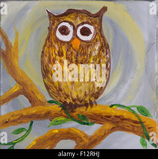 Peinture d'un surpris à hibou avec grands yeux ronds colorés en brun assis sur une branche avec quelques robots creepy sur l'acrylique Banque D'Images