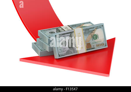 Relevant de l'USA Dollar concept avec flèche vers le bas isolé sur fond blanc Banque D'Images