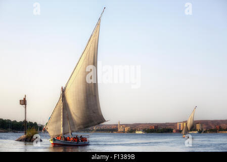 Bateau à une felouque sur le Nil au coucher du soleil près d'Assouan, Egypte, Afrique du Sud Banque D'Images