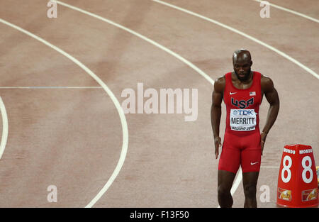 (150826) -- BEIJING, le 26 août 2015 (AFP) --LaShawn Merritt de la United States réagit avant celle des hommes 400m finale aux Championnats du monde IAAF 2015 au 'nid d'oiseau' Stade national de Beijing, capitale de la Chine, le 26 août 2015. (Xinhua/Li Ming) Banque D'Images