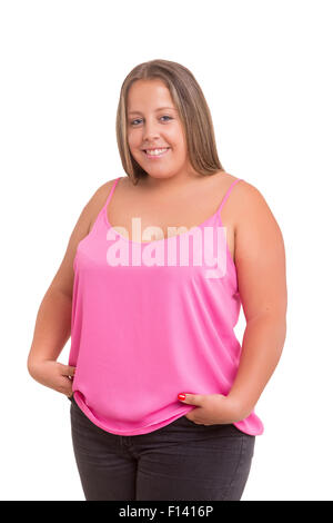 Heureux surpondérés woman posing isolé sur fond blanc Banque D'Images