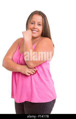 Heureux surpondérés woman posing isolé sur fond blanc Banque D'Images