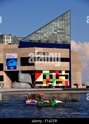 Baltimore, Maryland : personnes dans dragon pédalos à l'arrière-port et l'Aquarium National Banque D'Images