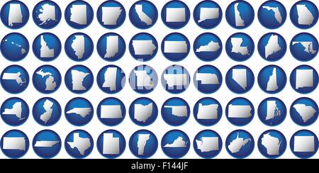 Boutons très détaillé de tous les 50 États. Les États sont classées par ordre alphabétique, laissez à droite et de haut en bas. Illustration de Vecteur