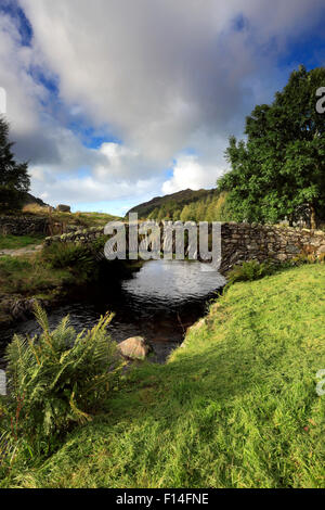 L'été, pont de pierre sur Packhorse Watendlath Beck, Watendlath Tarn, Parc National de Lake District, Cumbria, England, UK Banque D'Images