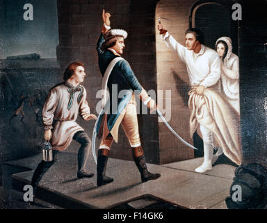 Peinture CAPTURE DU FORT TICONDEROGA LE 10 MAI 1775 PAR ETHAN ALLEN ET GREEN MOUNTAIN BOYS DEMANDE LA RÉTROCESSION DES FORCES BRITANNIQUES Banque D'Images