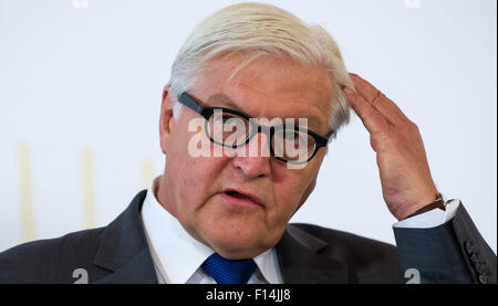 Vienne, Autriche. Août 27, 2015. Le ministre allemand des affaires étrangères, Frank-Walter Steinmeier, assiste à une conférence de presse pendant le sommet des Balkans occidentaux à Vienne, capitale de l'Autriche, le 27 août, 2015. © Qian Yi/Xinhua/Alamy Live News Banque D'Images