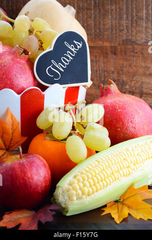 Bol de fruits et légumes d'automne de l'action de grâce avec des grenades, kakis, pommes, raisins, et le maïs en céramique rouge et blanc Banque D'Images