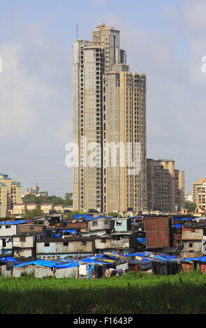 Mumbai, New Delhi, Inde. Août 21, 2015. 21 Aug 2015, Mumbai - INDE :.Un bidonville illégal non autorisée pocket commence à croître et construit à un marais à Mumbai tuant le riche bio-diversité trouvée dans les régions marécageuses et marécageux autour de Mumbai. Les marais et les Mangroves, si déclaré comme terres forestières et protégée en vertu de la loi, est le plus rapide des parcelles envahies de Mumbai avec les promoteurs envisagent un énorme potentiel de développement pour une population sans cesse croissante dans les zones urbaines de l'Inde. © Subhash Sharma/ZUMA/Alamy Fil Live News Banque D'Images