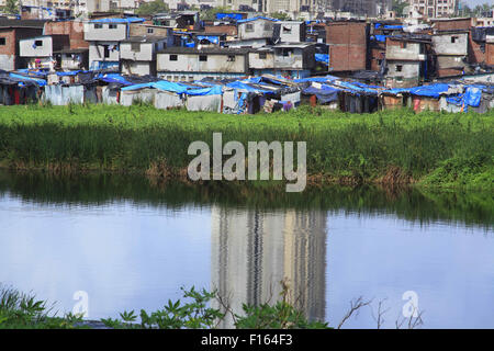 Mumbai, New Delhi, Inde. Août 21, 2015. 21 Aug 2015, Mumbai - INDE :.Un bidonville illégal non autorisée pocket commence à croître et construit à un marais à Mumbai tuant le riche bio-diversité trouvée dans les régions marécageuses et marécageux autour de Mumbai. Les marais et les Mangroves, si déclaré comme terres forestières et protégée en vertu de la loi, est le plus rapide des parcelles envahies de Mumbai avec les promoteurs envisagent un énorme potentiel de développement pour une population sans cesse croissante dans les zones urbaines de l'Inde. © Subhash Sharma/ZUMA/Alamy Fil Live News Banque D'Images