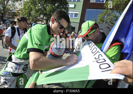 Zlin, République tchèque. Août 28, 2015. Jan Kopecky, République tchèque, Barum rally Intercontinental Rally Challenge (IRC) et l'automobile international championnat de République tchèque à Zlin, République tchèque, le 28 août 2015. © Dalibor Gluck/CTK Photo/Alamy Live News Banque D'Images