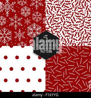 Joyeux Noël hipster 80s vintage transparent style jeu de motifs. Fond rouge blanc Noël avec les flocons de neige, les lignes, les formes Illustration de Vecteur