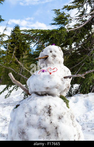 Portrait d'un bonhomme de neige en train de fondre au printemps avec de la boue et la saleté sur tous Banque D'Images