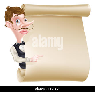 Une illustration d'un dessin animé garçon jeter autour d'un signe de défilement et de pointage Banque D'Images