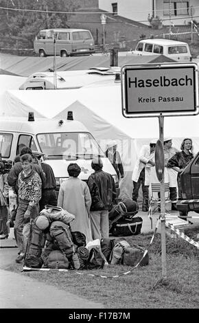 Camps de réfugiés dans le quartier de Passau, en Bavière, l'Allemagne de l'Est sur les réfugiés qui ont fui en passant par la Hongrie et l'Autriche à l'Ouest Banque D'Images