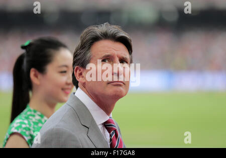 Beijing, Chine. Août 29, 2015. Sebastian Coe, président de l'IAAF (Association Internationale des Fédérations d'athlétisme), est vu pendant les Championnats du monde IAAF 2015 au Stade National, également connu sous le nom de nid d'oiseau, à Beijing, Chine, 29 août 2015. Photo : Michael Kappeler/dpa/Alamy Live News Banque D'Images