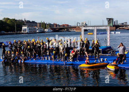 Copenhague, Danemark, le 29 août, 2015. Les nageurs sur leur chemin dans les canaux encerclant le parlement danois, Christiansborg. Certains nageurs 3,300 prend la 2 km tour autour de Christianborg dans cette course amicale récurrente annuelle organisée par la Fédération de natation danois. Credit : OJPHOTOS/Alamy Live News Banque D'Images