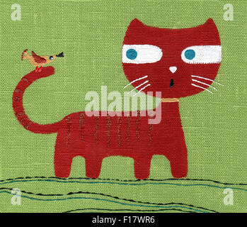 Dessin enfant joyeuse peinture sur tissu, cat Banque D'Images