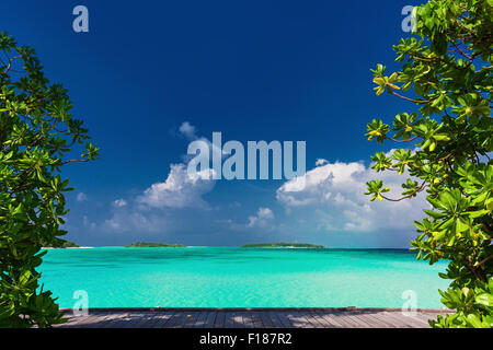 Plage vierge on Tropical Island au cours de journée ensoleillée encadré par des arbres verts Banque D'Images