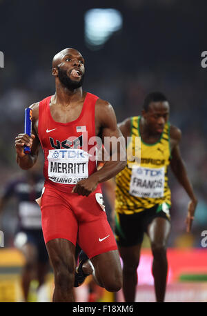 Beijing, Chine. Août 30, 2015. LaShawn Merritt de la United States célébrer après les hommes du relais 4x400m à la finale mondiale de l'IAAF 2015 Champships au 'nid d'oiseau' Stade national de Beijing, capitale de la Chine, 30 août 2015. © Li Gang/Xinhua/Alamy Live News Banque D'Images