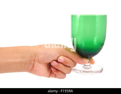 Homme tenant une antique et verre de vin vert isolé sur fond blanc Banque D'Images