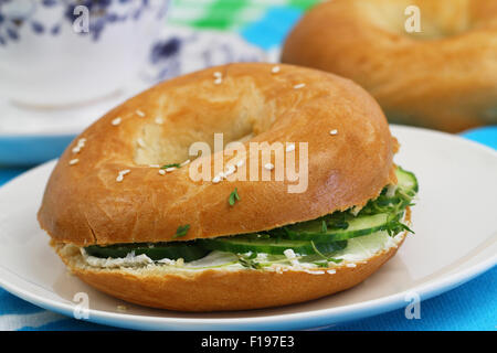 Bagel au fromage à la crème et concombre Banque D'Images