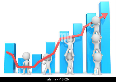 Dude personnages 3D X7 les gens d'affaires poussant red Graph. Barres bleues. Banque D'Images