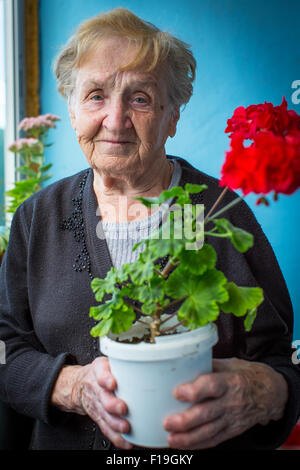 Vieille Femme tenant un pot de fleurs rouges. Banque D'Images