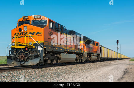 Nebraska Sandhills,, BNSF Railway, ( la Burlington Northern Santa Fe), direction est train de fret transportant du charbon dans des wagons-trémie Banque D'Images