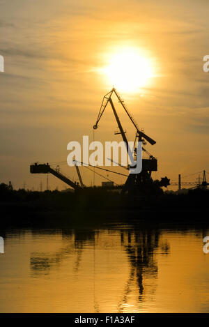 Zone industrielle avec des grues sur le Danube Banque D'Images