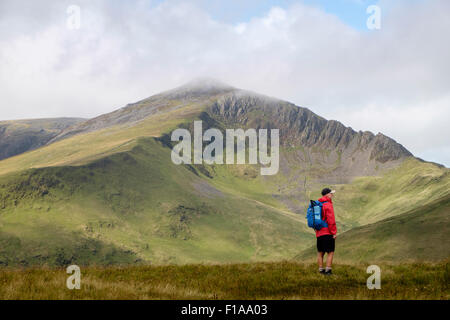 Randonnée randonneur individuel avec Craig mcg sur Silyn Garnedd Goch sur Nantlle Ridge au-delà de montagnes de Snowdonia National Park. Le CWM Pennant Wales UK Banque D'Images