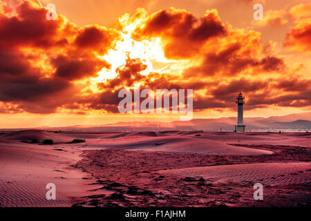 Une vue sur le phare d'El Fangar, dans le Delta de l'Ebre, en Espagne, dans un jour nuageux Banque D'Images