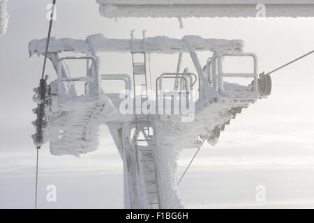 Petzer, République tchèque, iced porteurs du cable car Banque D'Images