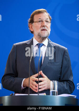 Berlin, Allemagne. Du 1er septembre 2015. Le premier ministre Espagnol Mariano Rajoy parle lors d'une conférence de presse à Berlin, Allemagne, 1 septembre 2015. Dpa : Crédit photo alliance/Alamy Live News Banque D'Images