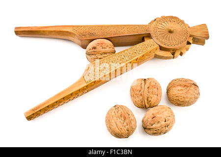 Meubles anciens en bois sculpté avec des noix Casse-noisette isolated on white Banque D'Images