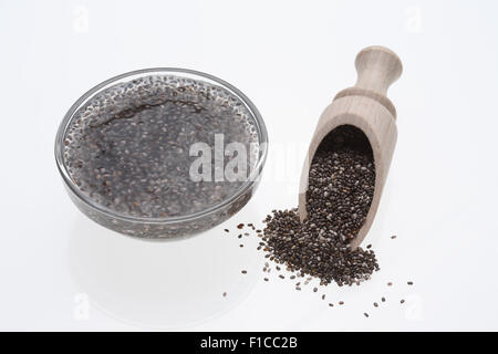 Le gel de chia ou gel, chia seeds sont gonflés avant de l'utiliser dans l'eau Banque D'Images