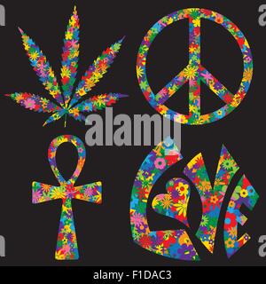 Rempli de fleurs quatre symboles 60s Illustration de Vecteur