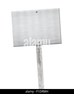 Plaque métal aluminium clouée sur pôle gris en bois ou une bannière Banque D'Images