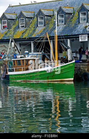 La ligne de côte de Cornwall et le village de pêcheurs de Mevagissey avec bateaux de pêche colorés dans le port de travail. Banque D'Images