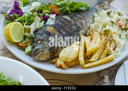 La brème de mer avec pomme de terre, riz et salade, la nourriture grecque Banque D'Images