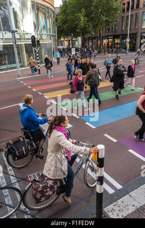 Arc-en-ciel d'Utrecht passage piétons avec feux de circulation Miffy.Les cyclistes en attente de traverser les piétons. Banque D'Images