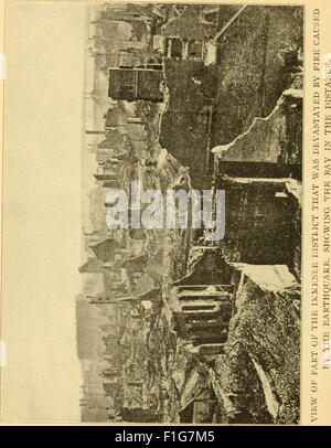 Cette couverture de livre vintage illustre le tremblement de terre dévastateur et l'incendie de San Francisco, ainsi que des récits dramatiques d'éruptions volcaniques, y compris le Vésuve. Il explore les causes des catastrophes naturelles comme les tremblements de terre et l’activité volcanique, offrant des perspectives historiques sur ces événements. Banque D'Images