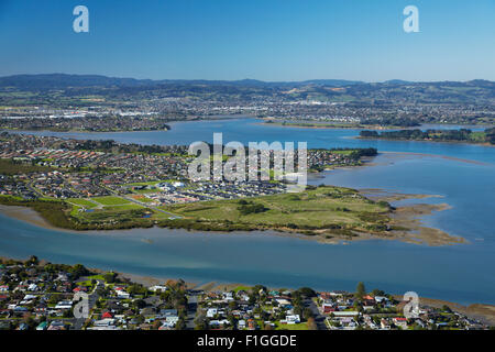 Weymouth, Waimahia Wattle Creek, Downs et Manukau Harbour, île du nord, Auckland, Nouvelle-Zélande - vue aérienne Banque D'Images