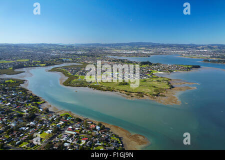 Weymouth, Wattle Downs et Manukau Harbour, île du nord, Auckland, Nouvelle-Zélande - vue aérienne Banque D'Images